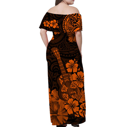 Hawaii Off Shoulder Long Dress Polynesia Orange Ukulele Flowers