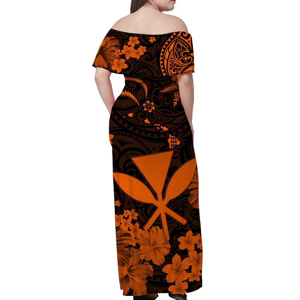 Hawaii Off Shoulder Long Dress Polynesia Orange Kanaka Maoli