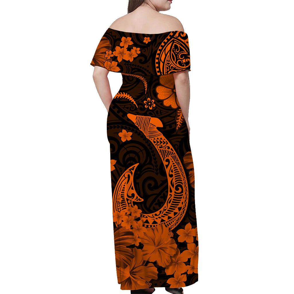 Hawaii Off Shoulder Long Dress Polynesia Orange Fish Hook