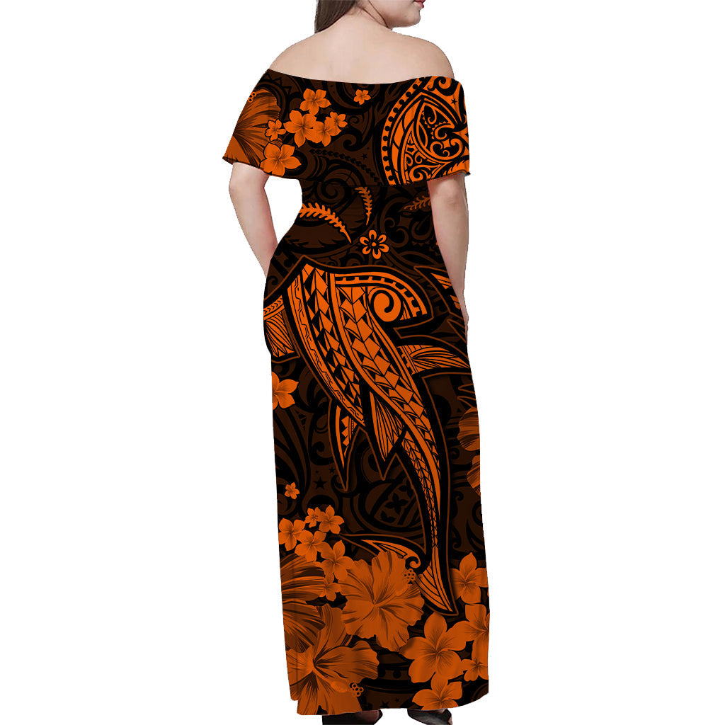 Hawaii Off Shoulder Long Dress Polynesia Orange Shark