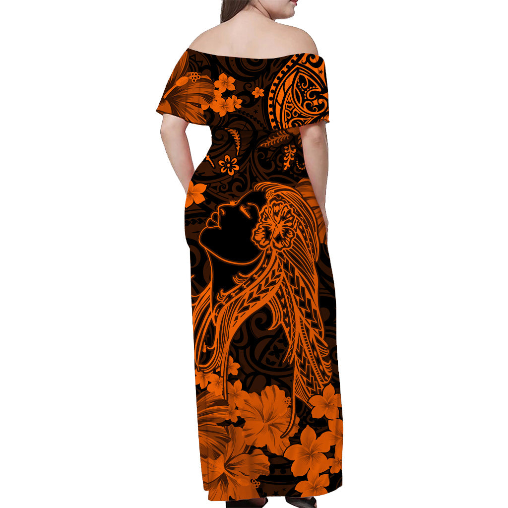 Hawaii Off Shoulder Long Dress Polynesia Orange Beautiful Hula Girl