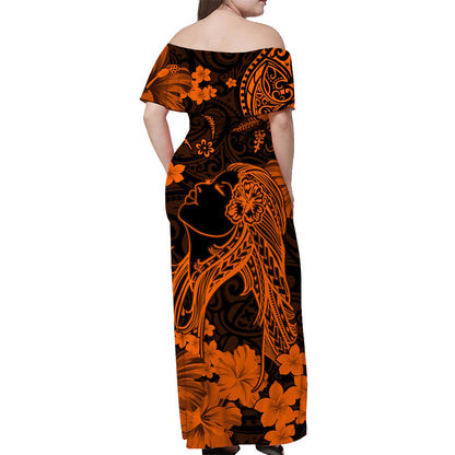 Hawaii Off Shoulder Long Dress Polynesia Orange Beautiful Hula Girl