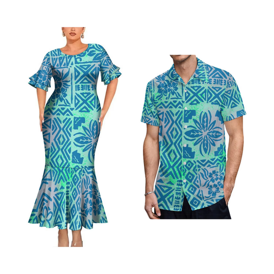 Polynesian Tribal Pattern Vintage Blue Couple Matching Outfit Women Crew Neck Mermaid Dress and Shirt