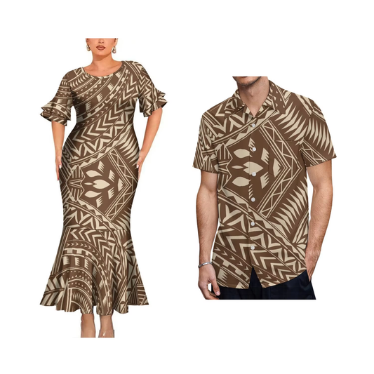 Polynesian Tribal Pattern Matching Outfit For Couple Bodycon Mermaid Dress and Shirt For Her Him