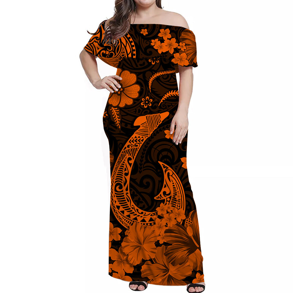 Hawaii Off Shoulder Long Dress Polynesia Orange Fish Hook