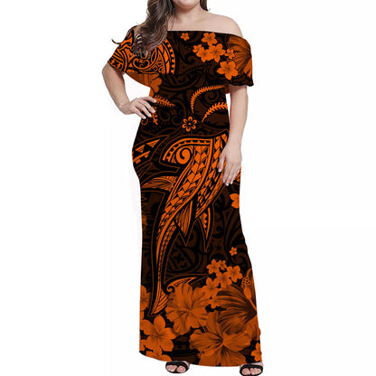 Hawaii Matching Clothes For Couples Hawaii Combo Dress and Hawaiian Shirt Polynesia Orange Shark