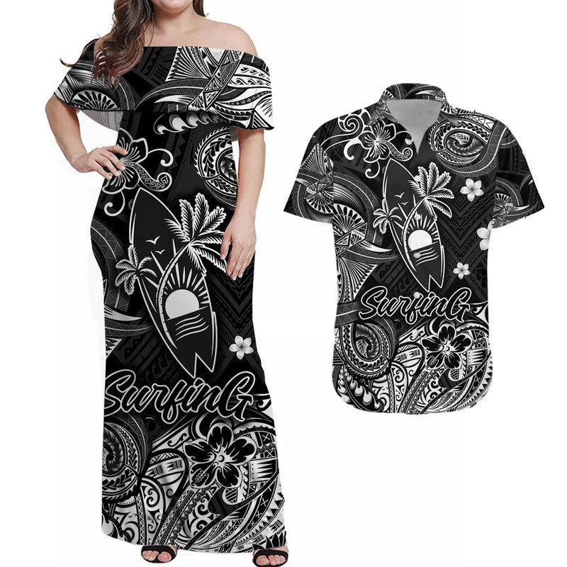 Hawaii Surfing Polynesian Combo Dress and Hawaiian Shirt Matching Couples Outfit Unique Style Black