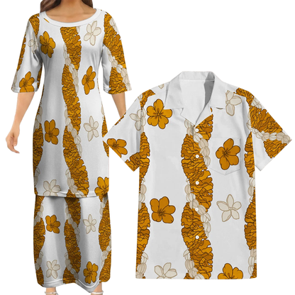 Puakenikeni Pikake Lei Curve Lei Flower Matching Outfit For Couple Polynesian White Puletasi Dress And Shirt