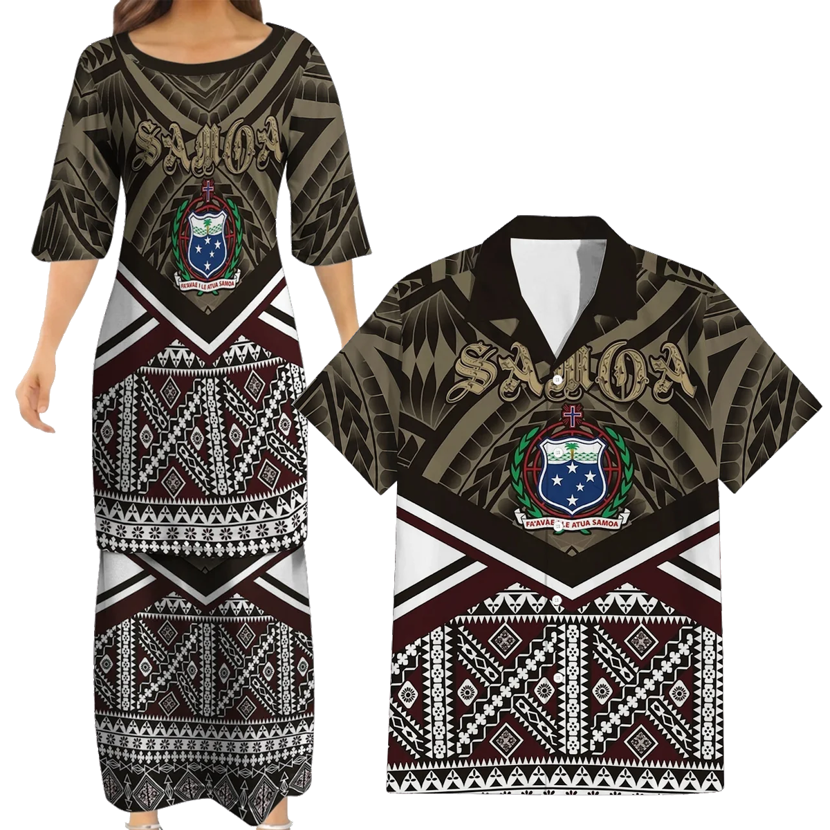 Samoa Vintage Couple Outfit Matching Polynesian Tribal Pattern Black Dress And Hawaiian Shirt