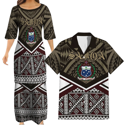 Samoa Vintage Couple Outfit Matching Polynesian Tribal Pattern Black Dress And Hawaiian Shirt