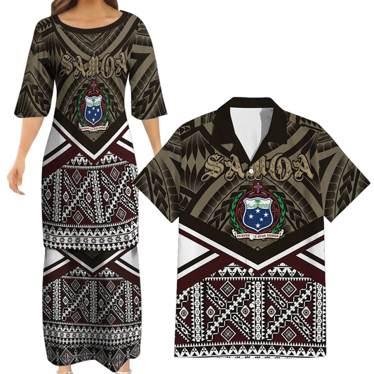 Samoa Vintage Couple Outfit Matching Polynesian Tribal Pattern Black Dress And Hawaiian Shirt