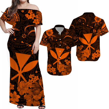Matching Hawaiian Outfits For Couples Hawaii Combo Dress and Hawaiian Shirt Polynesia Orange Kanaka Maoli