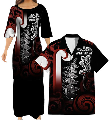 New Zealand Matching Outfit For Couple Silver Waitangi Day Puletasi Dress And Hawaiian Shirt For Her Him