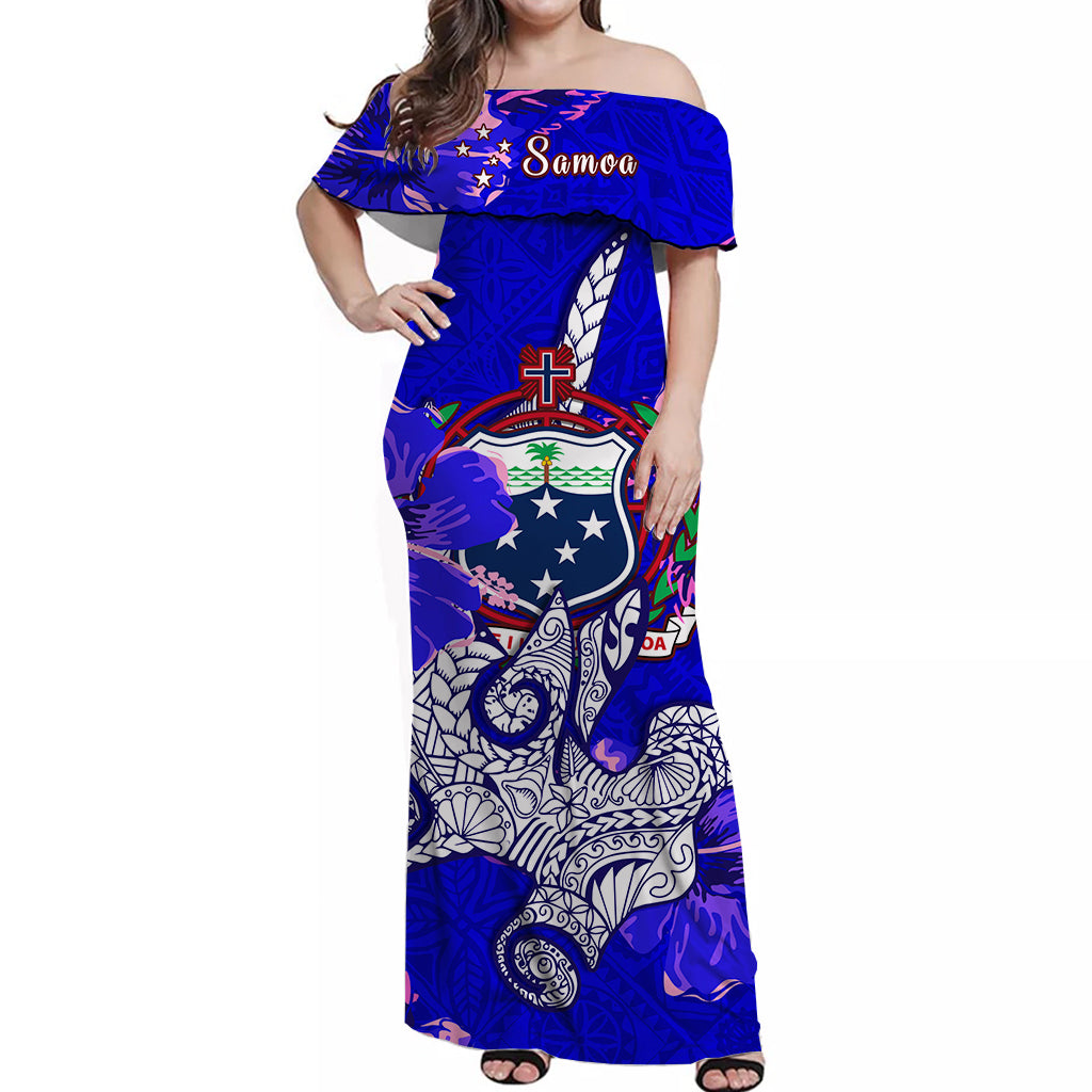 Samoa Off Shoulder Long Dress Hammerhead Shark and Hibiscus Blue