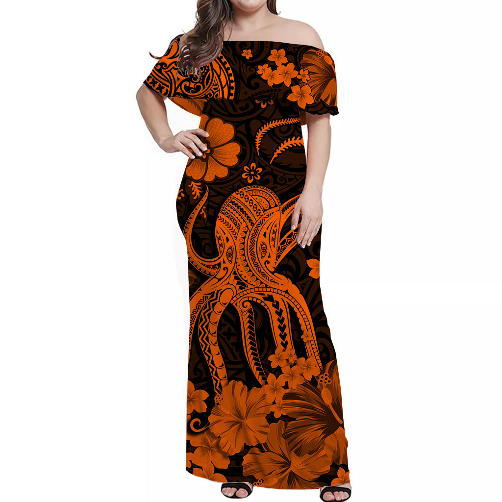 Hawaii Off Shoulder Long Dress Polynesia Orange Octopus