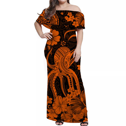 Hawaii Off Shoulder Long Dress Polynesia Orange Octopus