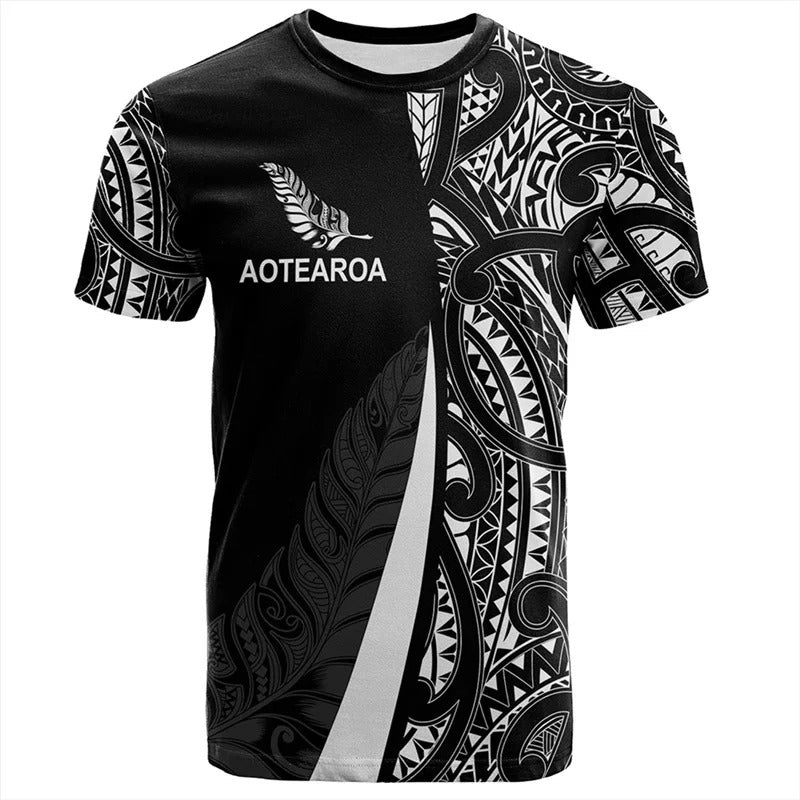 New Zealand Maori Rugby T Shirt Aotearoa Unisex Black Shirt Silver Fern Leaf Round Neck Short Sleeves Tops