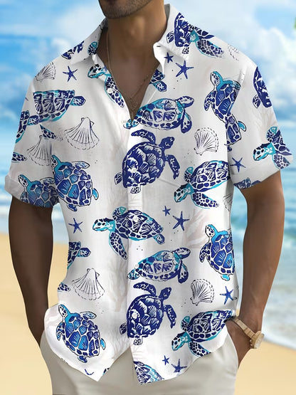 Turtle Ocean-Themed Pattern Hawaiian Shirt Tropical Beach Short Sleeve Button Printed Shirt For Him