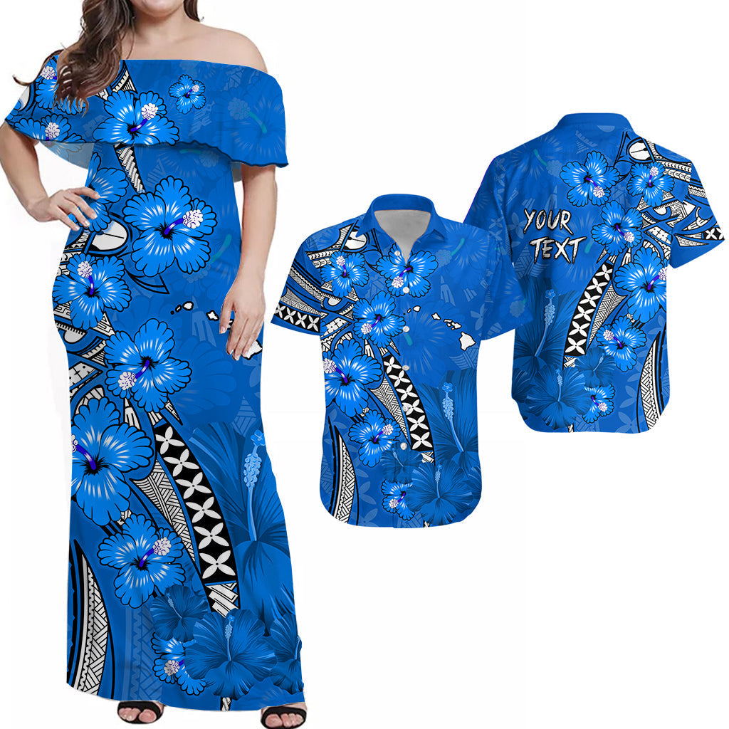 (Custom Personalised) Hawaii Matching Outfit For Couple Combo Dress and Hawaiian Shirt Polynesia Blue Hibiscus and Map Mystical