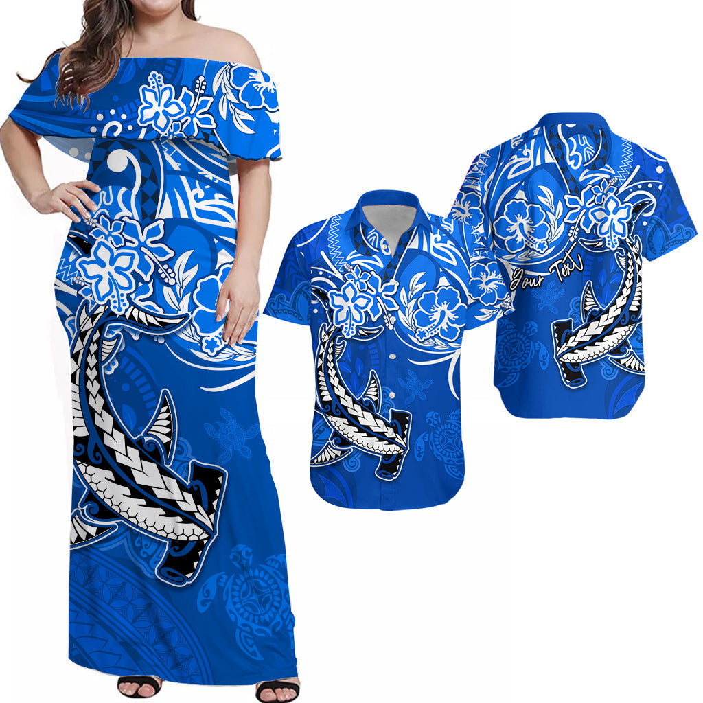 (Custom Personalised) Hawaii Matching Outfit For Couple Combo Polynesia Blue Sea Turtle Honu and Hammerhead Shark Dress and Hawaiian Shirt