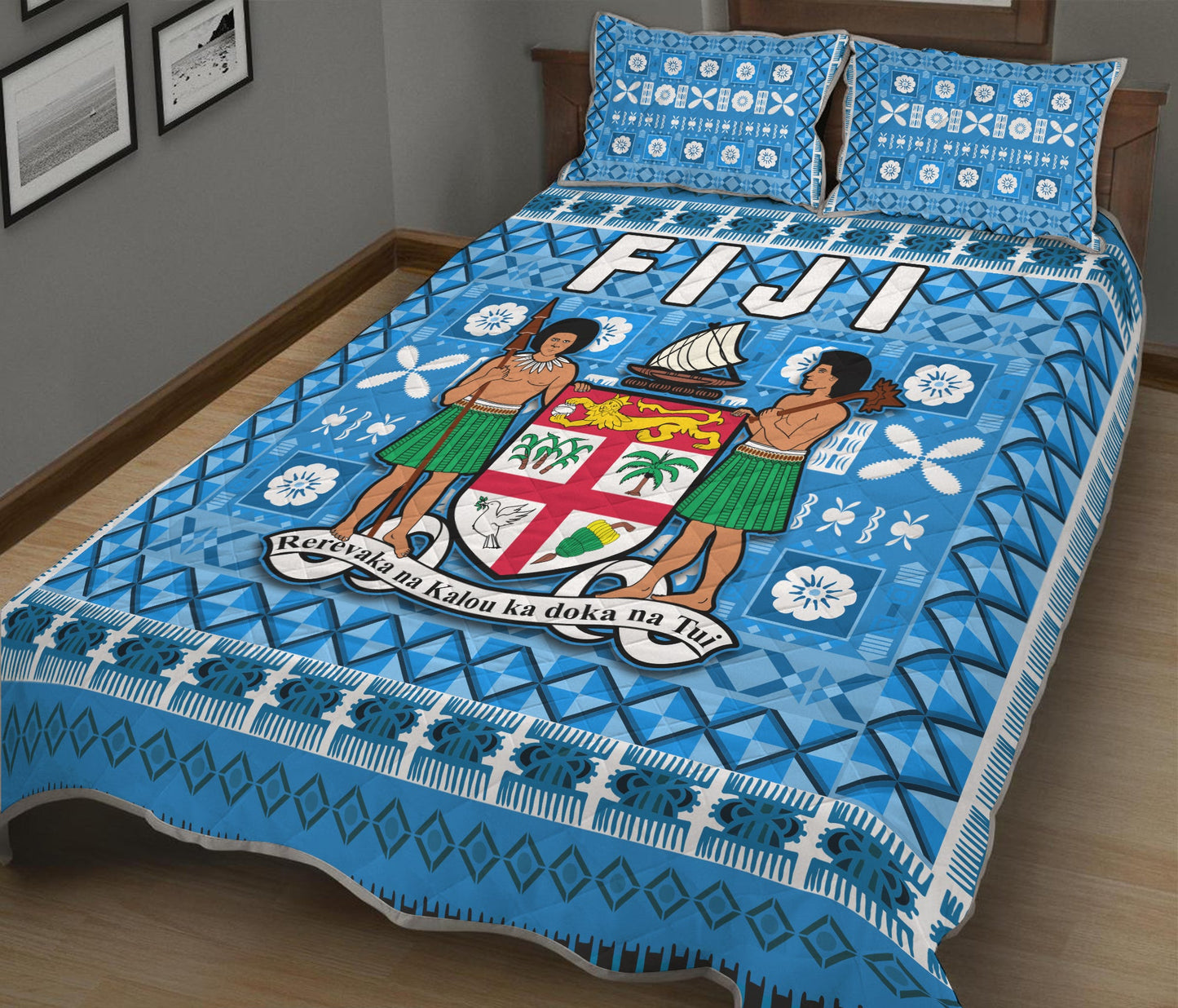 Fiji Quilt Bed Set Pattern Fijian Tapa Pattern Blue