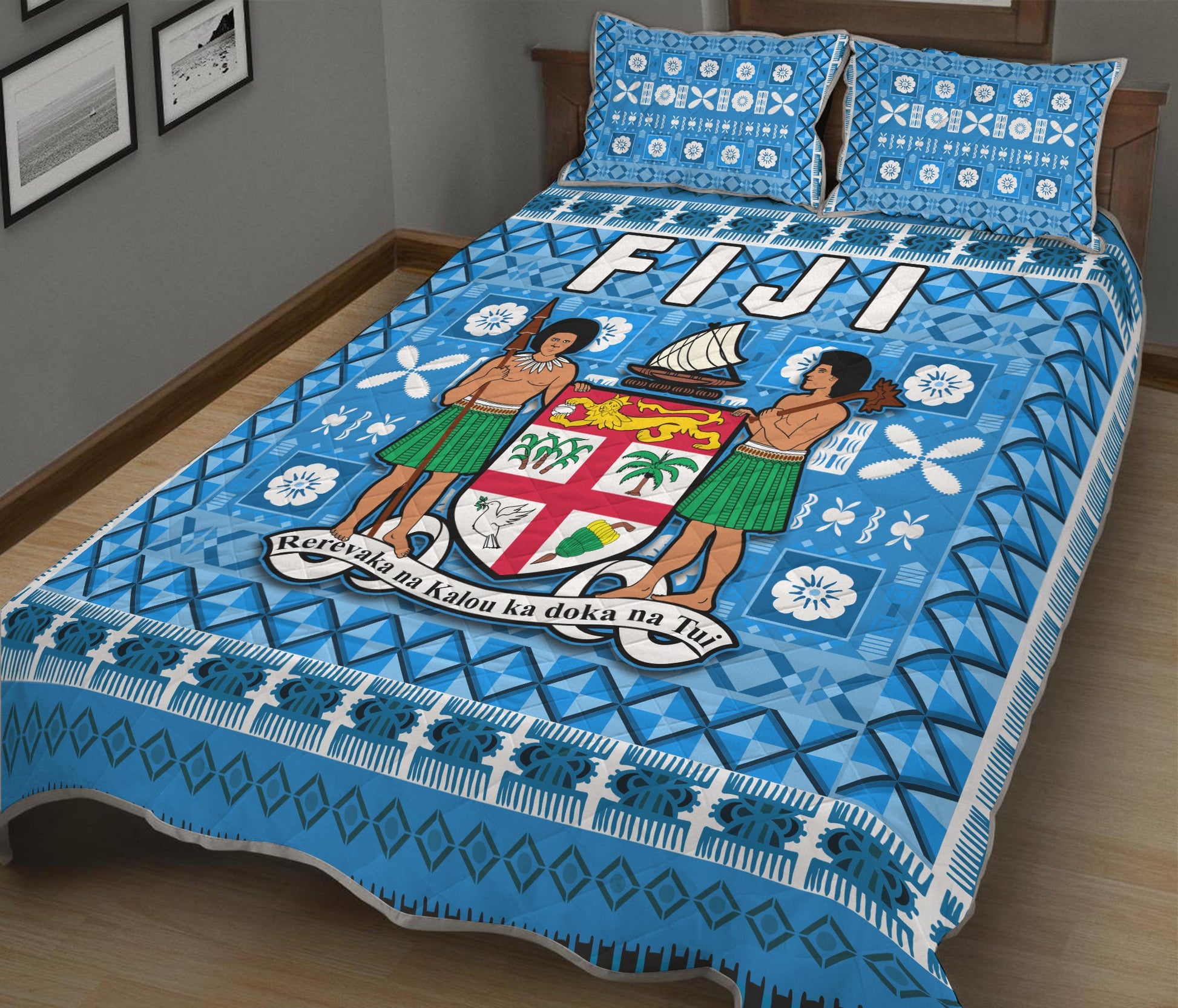 Fiji Quilt Bed Set Pattern Fijian Tapa Pattern Blue