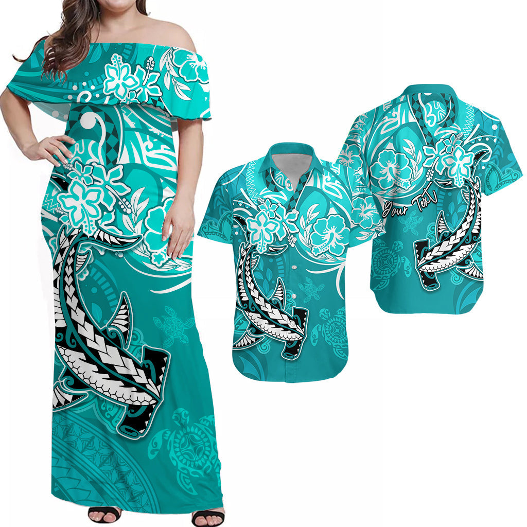 (Custom Personalised) Hawaii Matching Couple Outfits Dress and Hawaiian Shirt Polynesia Turquoise Sea Turtle Honu and Hammerhead Shark
