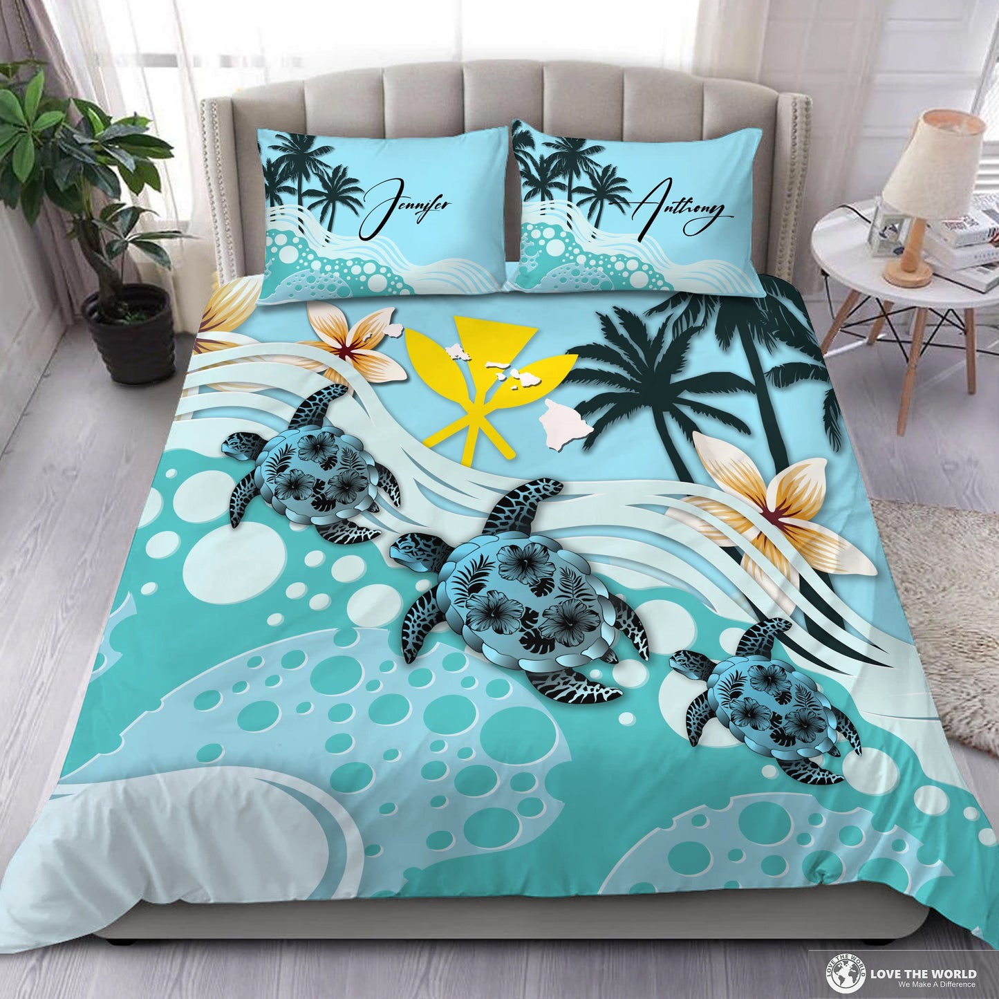 (Custom) Kanaka Maoli (Hawaiian) Bedding Set Blue Turtle Hibiscus Personal Signature