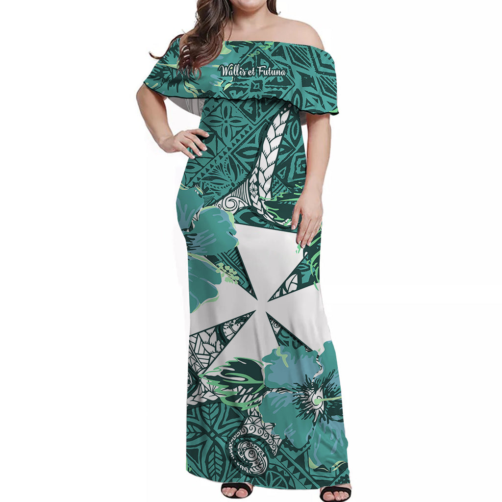 Wallis et Futuna Off Shoulder Long Dress Hammerhead Shark Blue
