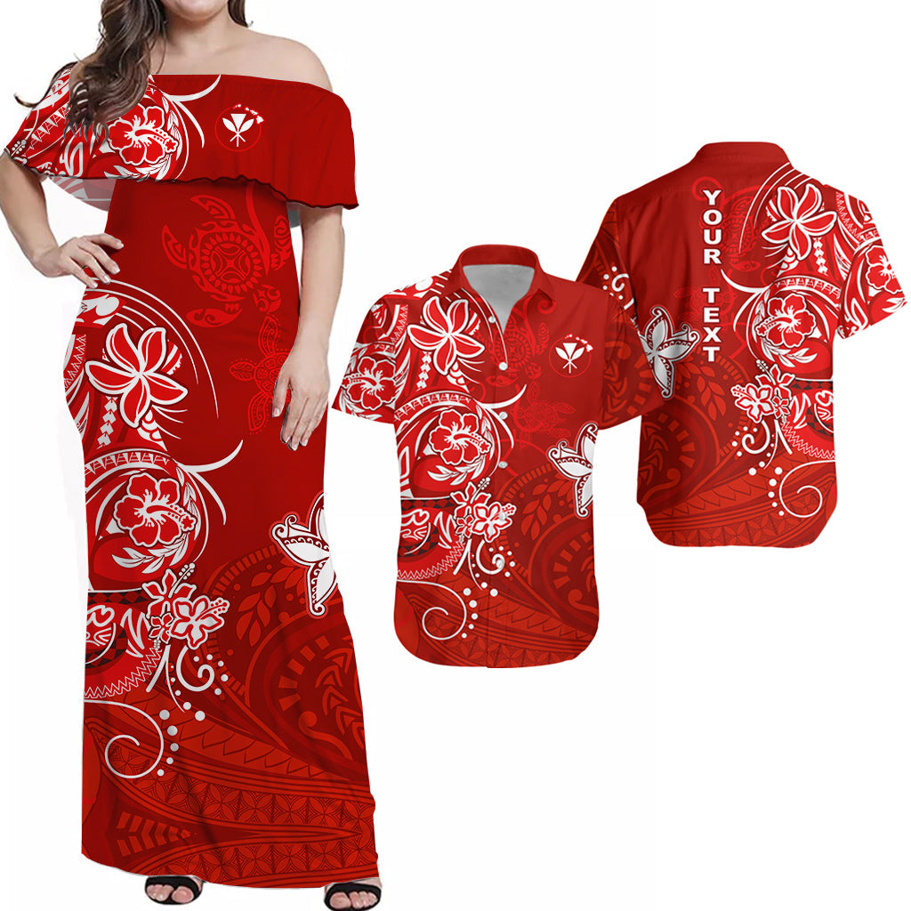 (Custom Personalised) Hawaii Matching Couple Outfits For Vacation Dress and Hawaiian Shirt Polynesia Red Sea Turtle Honu and Map