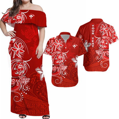 (Custom Personalised) Hawaii Matching Couple Outfits For Vacation Dress and Hawaiian Shirt Polynesia Red Sea Turtle Honu and Map