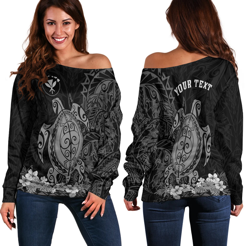 (Custom Personalised) Hawaii Polynesian Off Shoulder Sweater Gray Sea Turtles Hawaiian