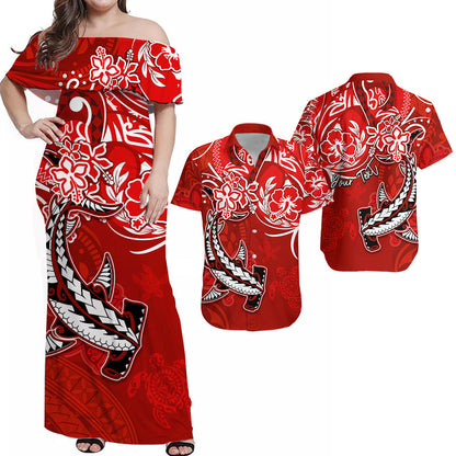 (Custom Personalised) Hawaii Matching Couple Outfits For Vacation Dress and Hawaiian Shirt Polynesia Red Sea Turtle Honu and Hammerhead Shark