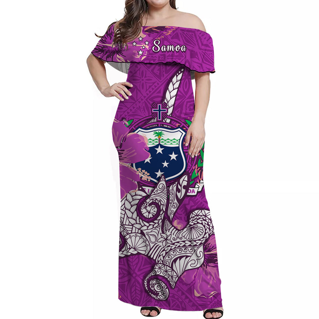 Samoa Off Shoulder Long Dress Hammerhead Shark and Hibiscus Purple