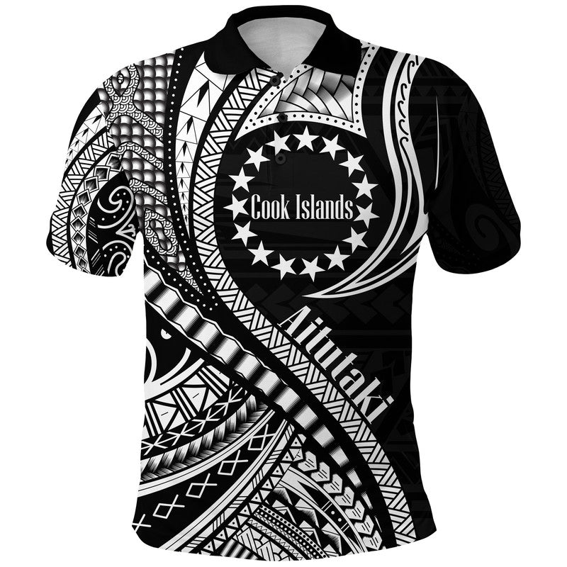 Custom Personalised Aitutaki Cook Islands Polo Shirt Black Polynesian Wave Style