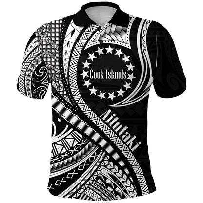 Custom Personalised Aitutaki Cook Islands Polo Shirt Black Polynesian Wave Style