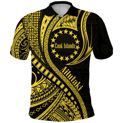 Custom Personalised Aitutaki Cook Islands Polo Shirt Gold Polynesian Wave Style