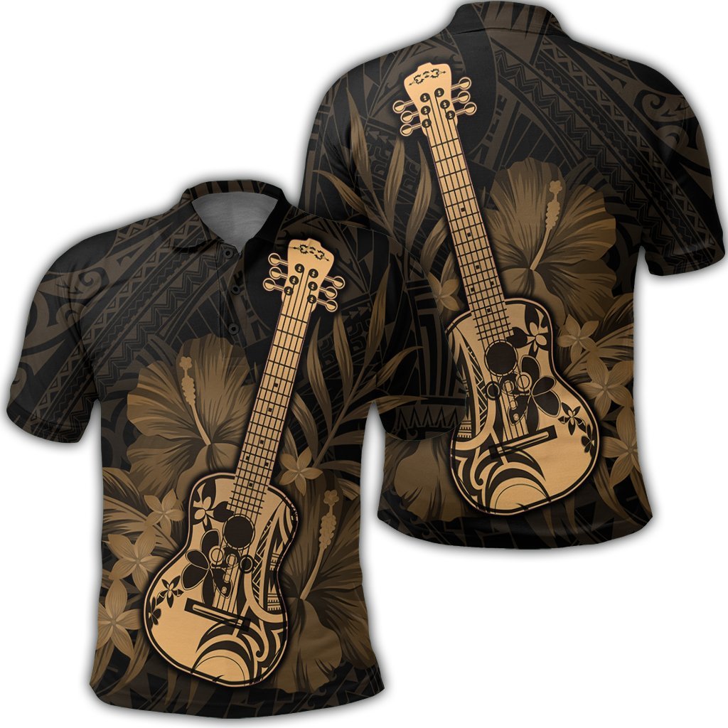 Hawaiian - Hawaii Ukulele Flower Polo Shirt - Gold - AH