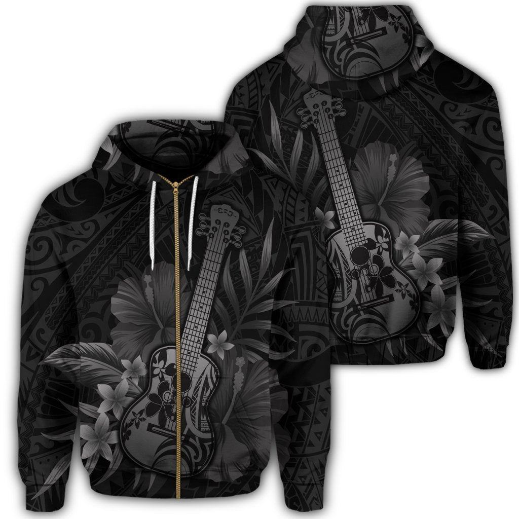 Hawaiian Hawaii Ukulele Flower Zip Hoodie Gray