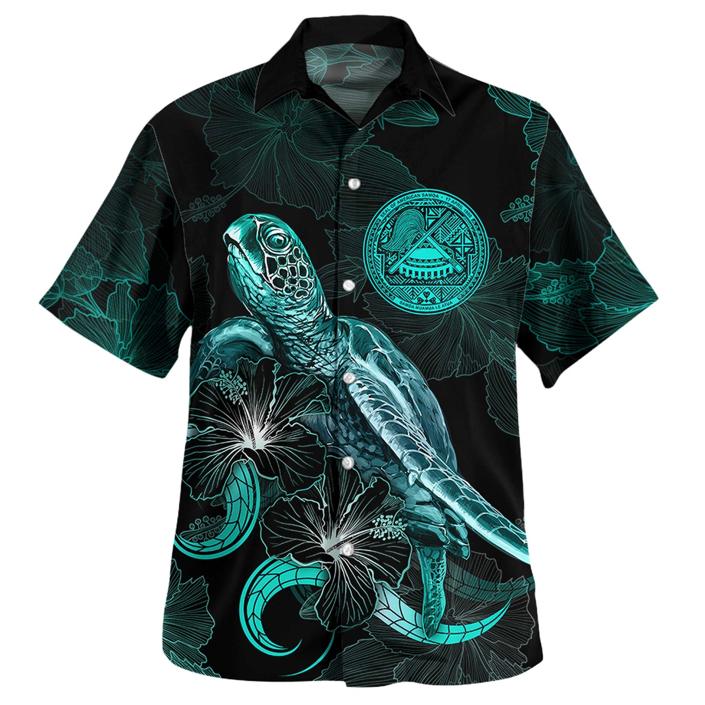 Matching Clothes For Couples American Samoa Combo Dress And Shirt American Samoa Seal With Turtle Blooming Hibiscus Turquoise