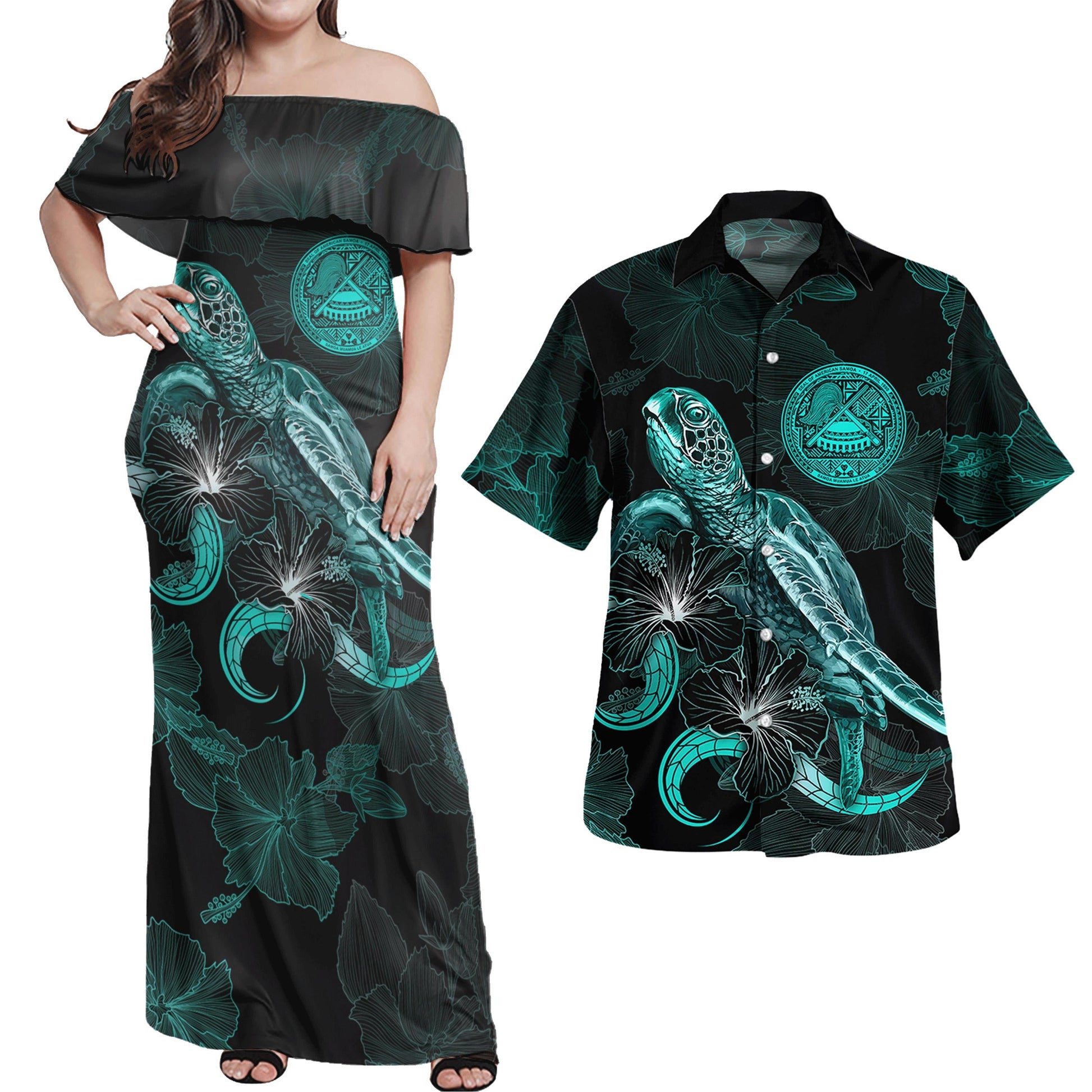 Matching Clothes For Couples American Samoa Combo Dress And Shirt American Samoa Seal With Turtle Blooming Hibiscus Turquoise