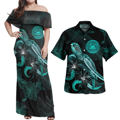 Matching Clothes For Couples American Samoa Combo Dress And Shirt American Samoa Seal With Turtle Blooming Hibiscus Turquoise