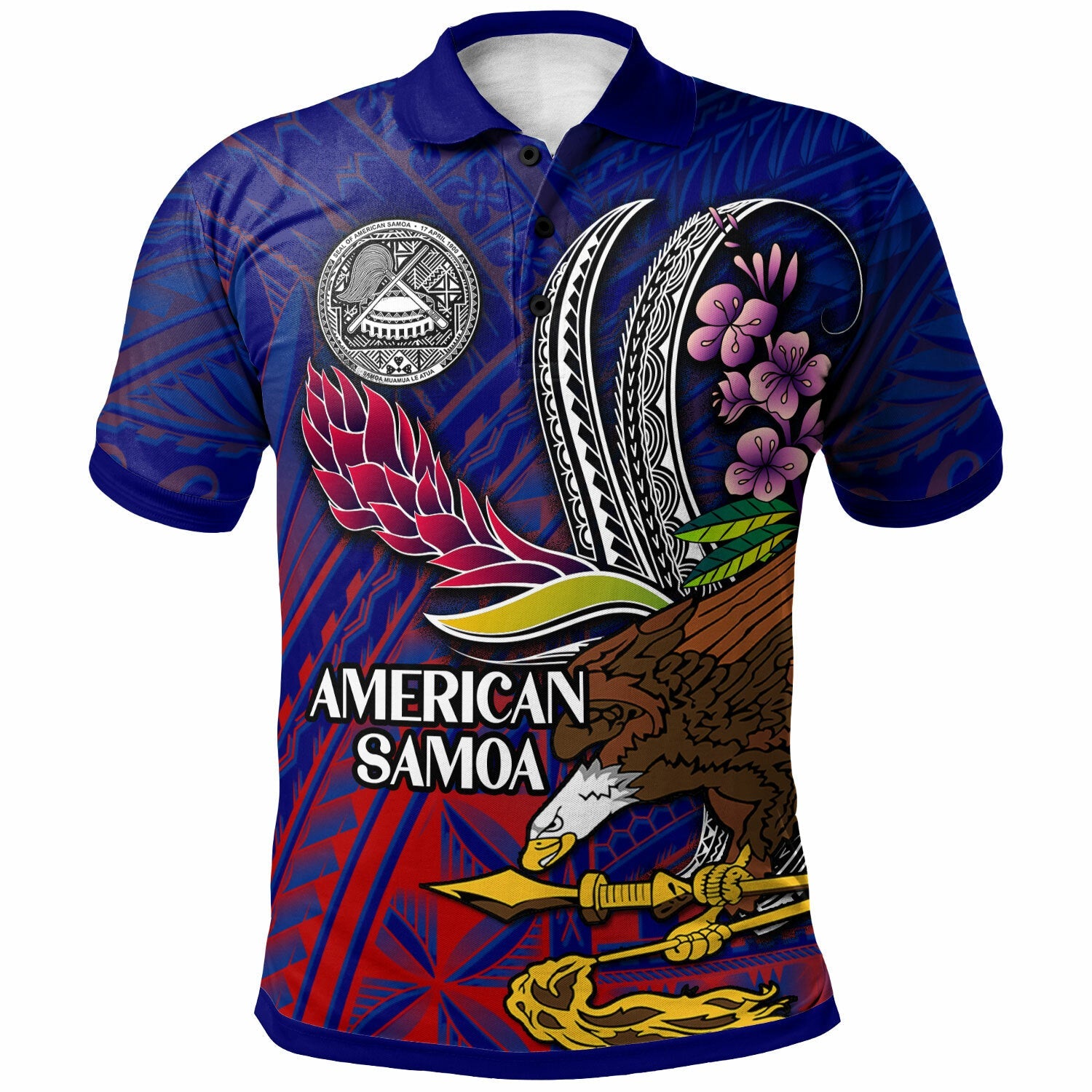 American Samoa Polo Shirt - Seal With National Flowers Polynesian Patterns