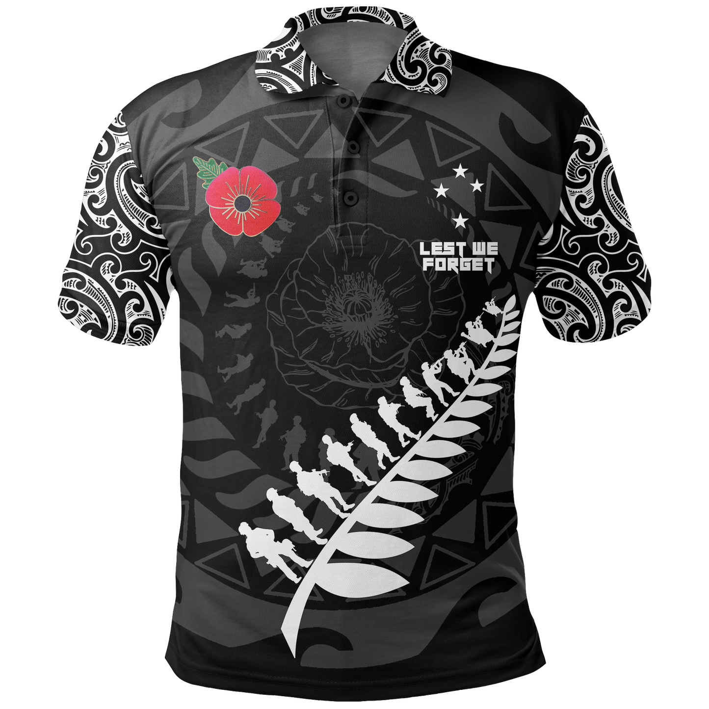 New Zealand Anzac Spirit Polo Shirt Lest We Forget Maori Tattoo