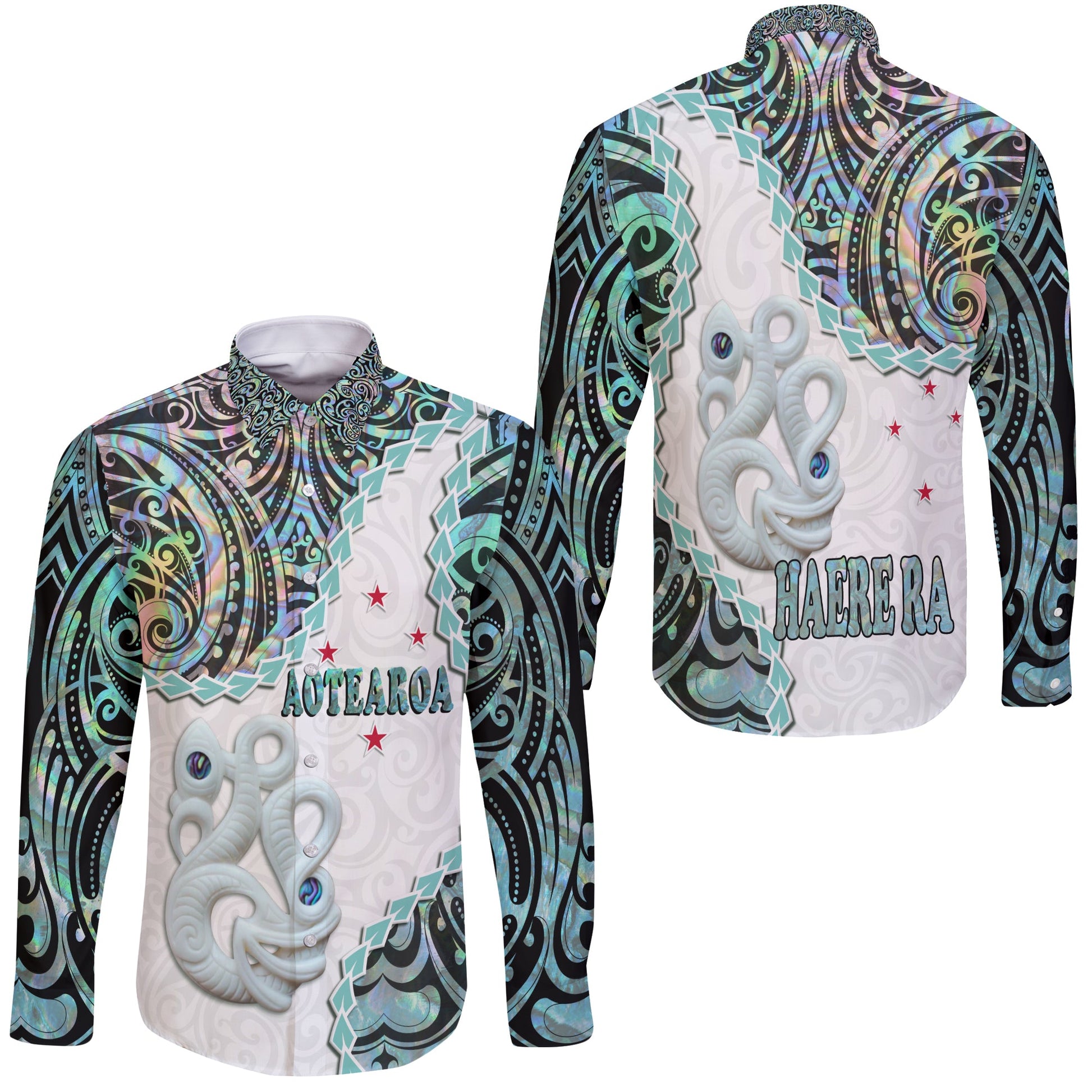 New Zealand Maori Hawaii Long Sleeve Button Shirt Aotearoa Manaia Basic Paua Shell Heare Ra