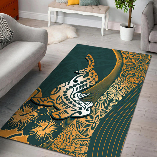 Hawaiian Shark Polynesian Area Rug Vibe Green Style