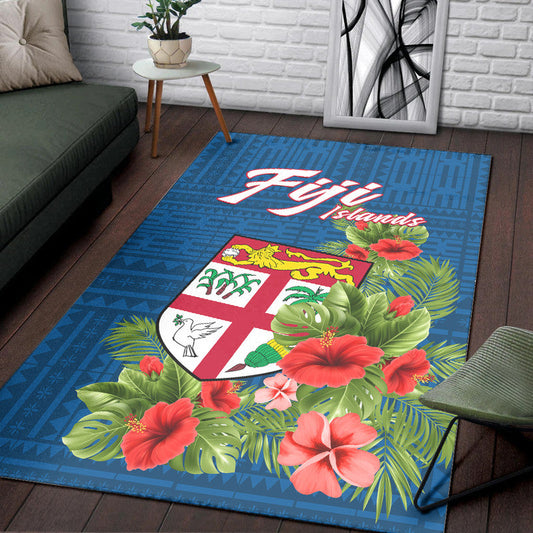 Fiji Islands Area Rug Tropical Flowers and Tapa Pattern
