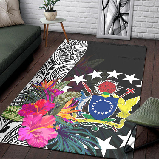 Cook Island Area Rug Tribal Polynesian and Tropical Flowers