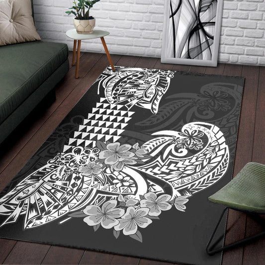 Hawaii Kakau Area Rug Polynesian Floral Tribal Black Version