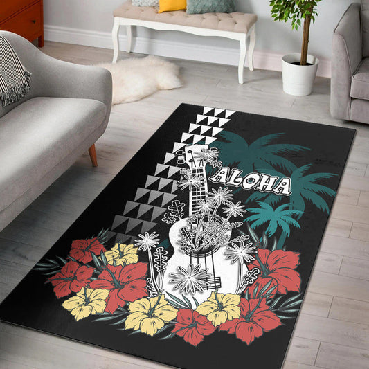 Hawaii Ukulele Mix Hibiscus and Coconut Tree Area Rug Aloha Vintage Black Version